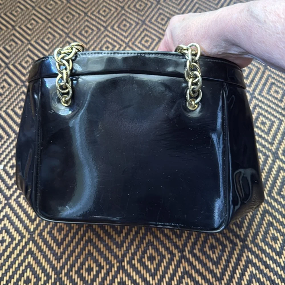 Vintage MEYERS Black Patent Leather Handbag with gold chain handles & clasp